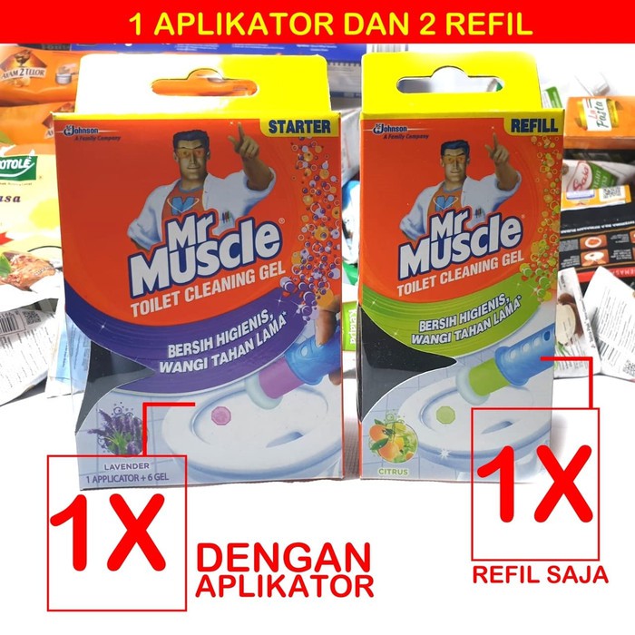 mr muscle dengan 1 aplikator dan 2 refill gel pengharum toilet