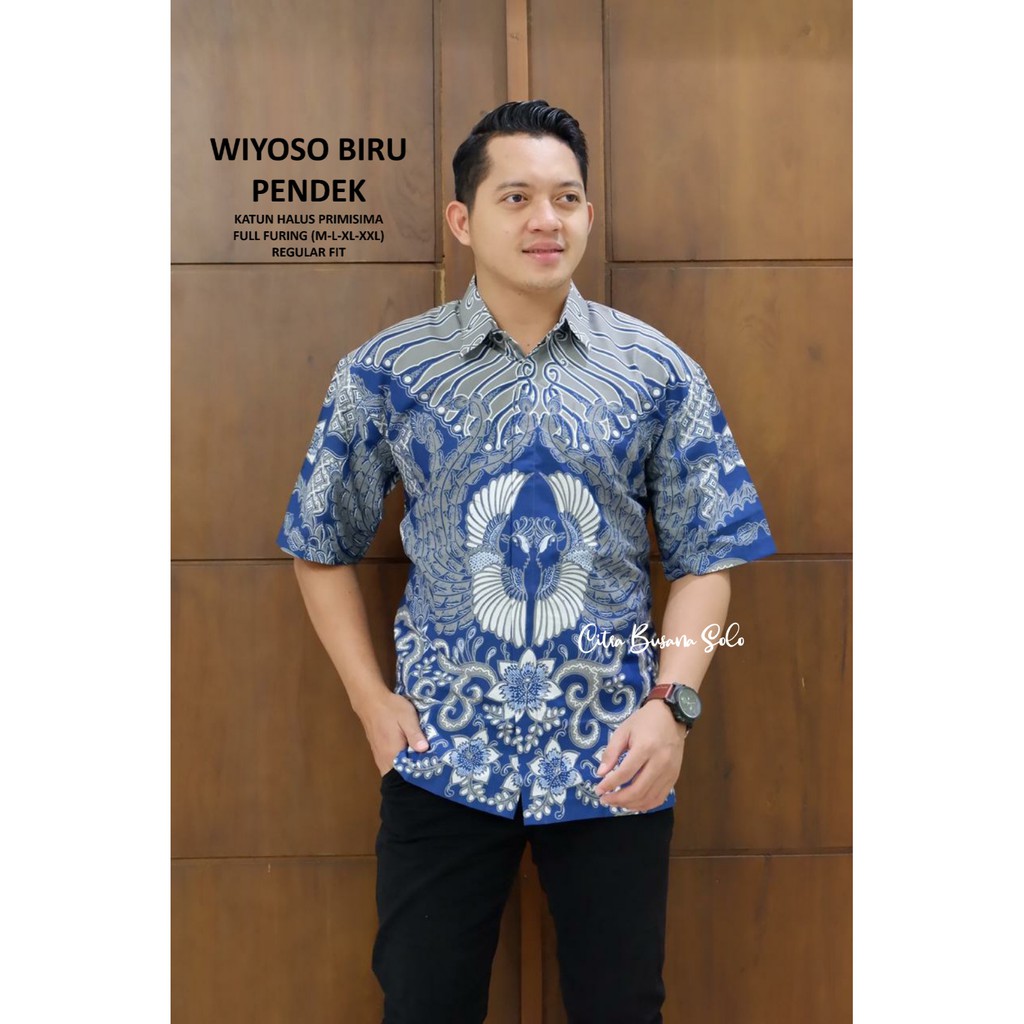 WIYOSO BIRU PENDEK Kemeja Batik Pria Full Furing Bahan Katun Primisima