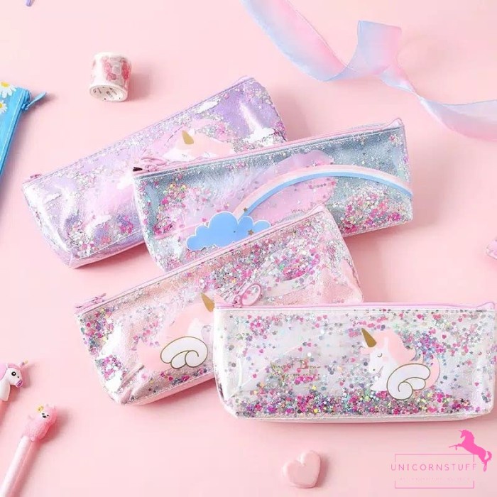 

(BISA COD) Tempat Pensil Kotak Tepak Unicorn Anak Perempuan Alat Tulis Glitter - Uni Pink