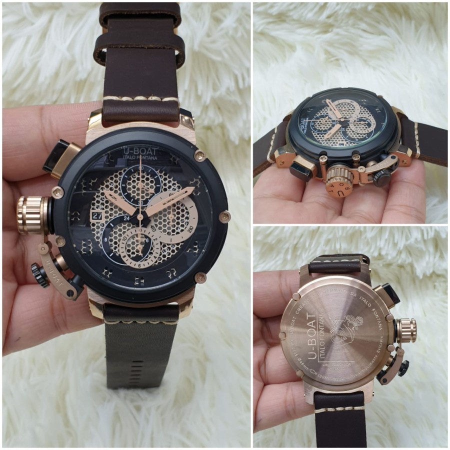 Big Sale  Jam Tangan Pria Branded U Boat Italo Fontana Brown Rosegold Leather Strap Jam Tangan Impor