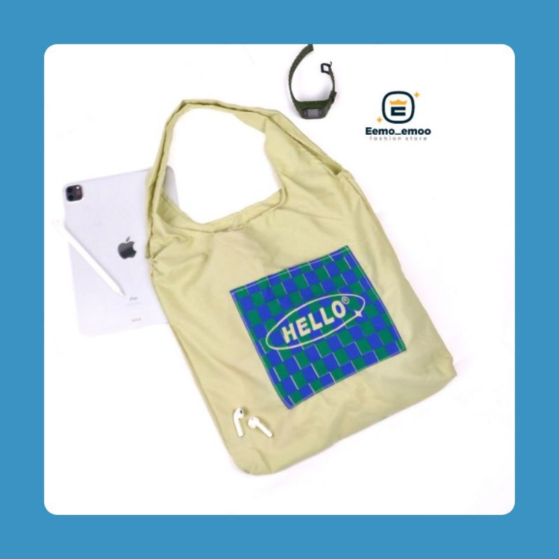 TOTEBAG Sablon HELLO Korean Style Tote Bag Canvas Kekinian Murah EMOEMO