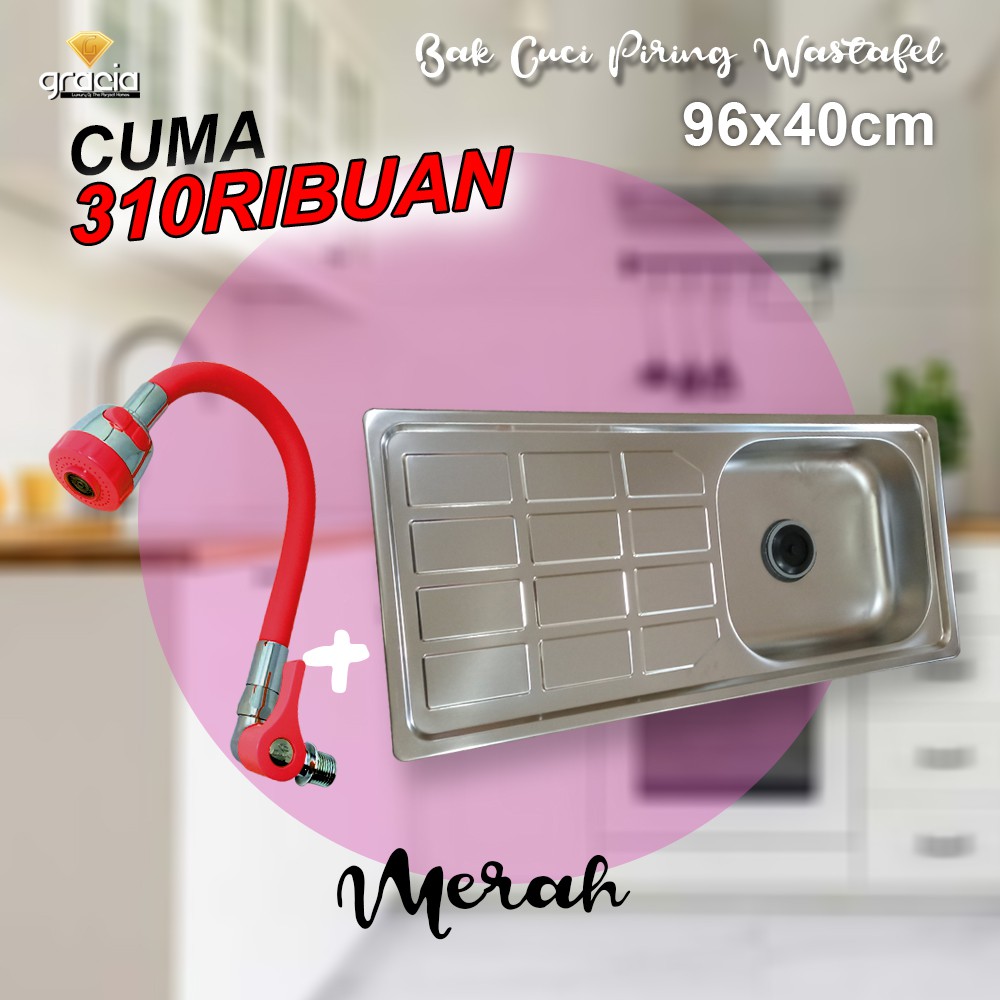 Bak Cuci Piring 96x40x14 cm GRACIA / Wastafel Tempat Cuci Piring Stainless / Kitchen Sink Bar Dapur GRATIS AFUR + SELANG + TEMPAT SABUN SUNLIGHT