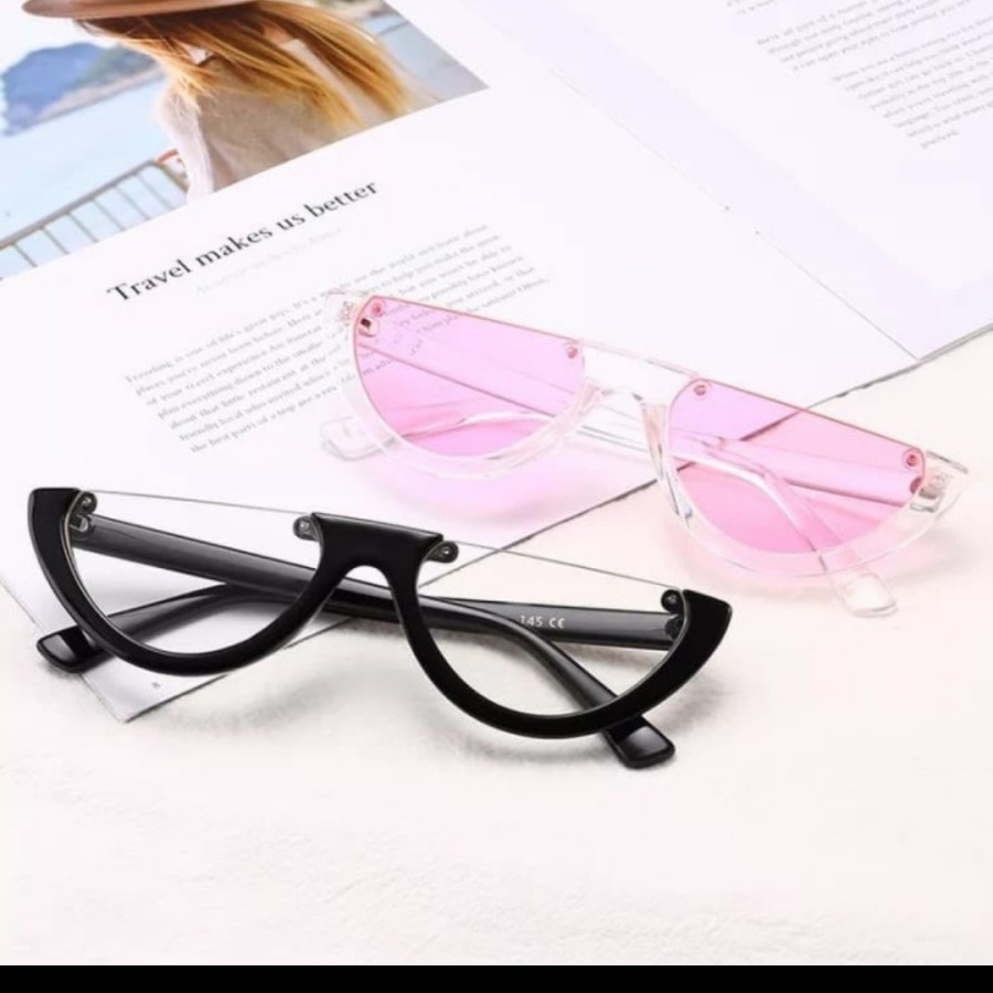 Kacamata Half Frame Rimless Cat Eye Sunglasses Korea Style Fashion New