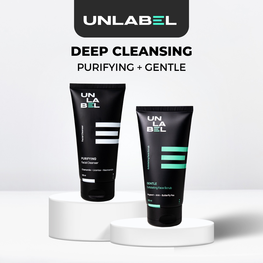 UNLABEL Facial Cleanser + Scrub - Paket Sabun Muka Pria Bebas Kusam &amp; Jerawat