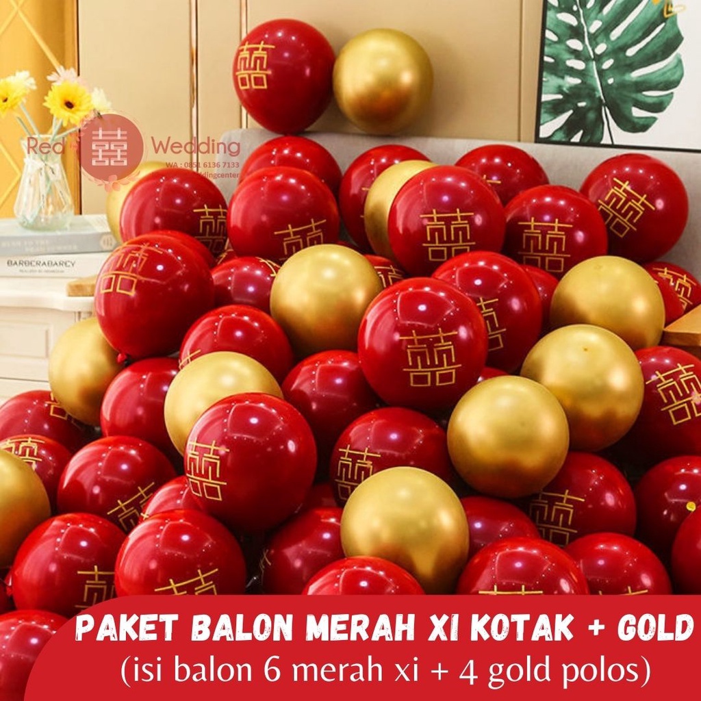 Balon Merah Wedding bahan TEBAL Motif huang Xi Kotak isi 10pcs