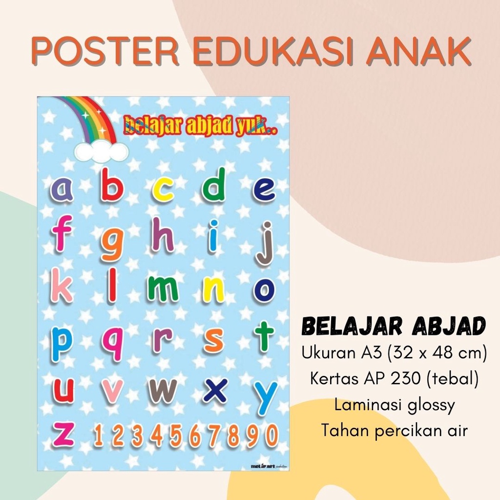 

Poster edukasi anak PAUD TK SD / Poster belajar anak / Poster huruf alfabet hijaiyah angka tiga bahasa