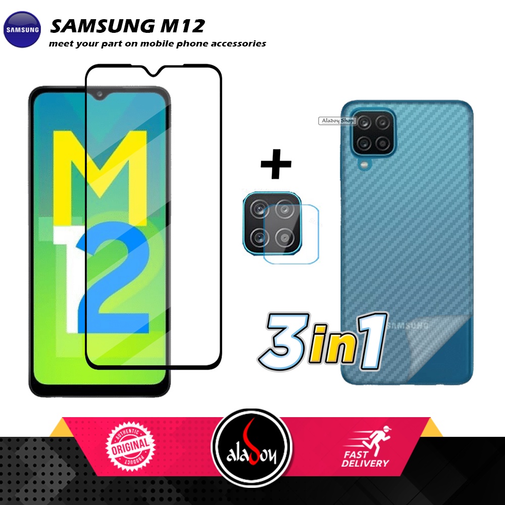 PAKET 3 IN 1 Tempered Glass Layar Samsung M12 Free Tempered Glass Camera dan Skin Carbon