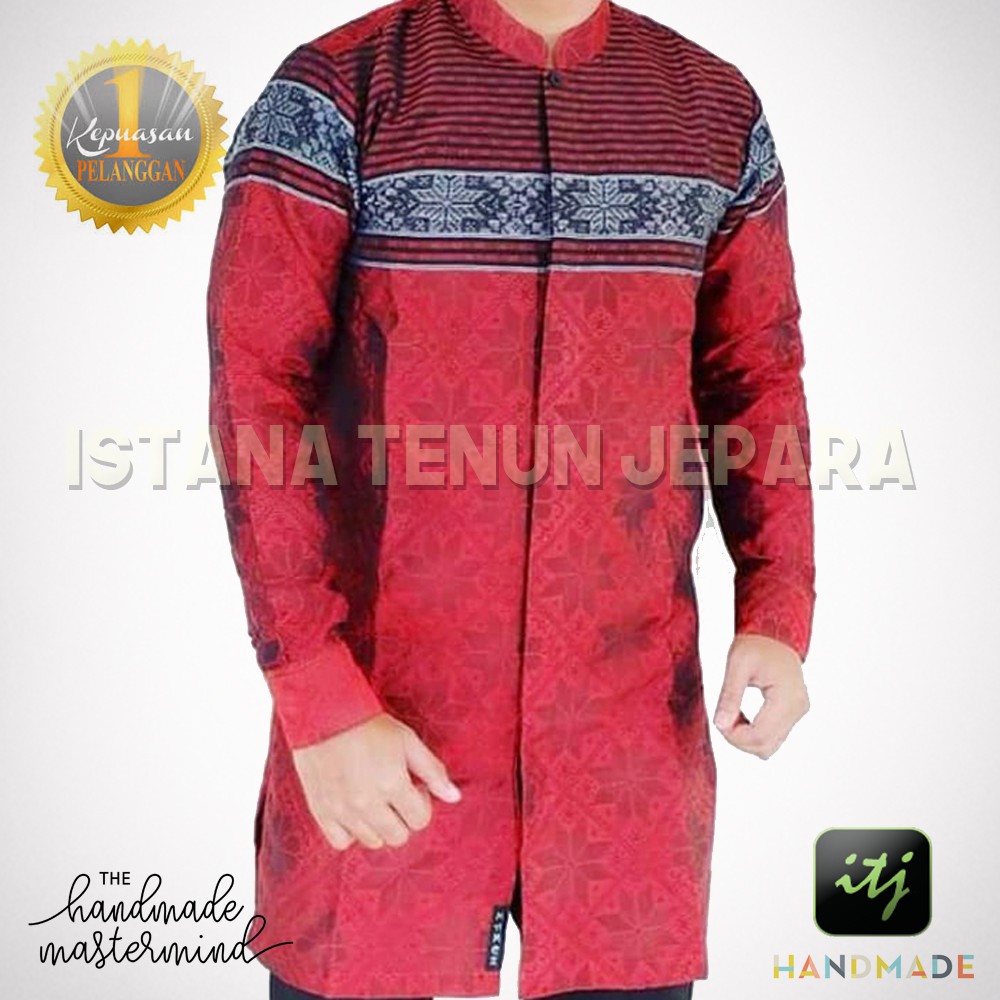 Kemeja Koko Lengan Panjang Merah Tenun Baron Troso