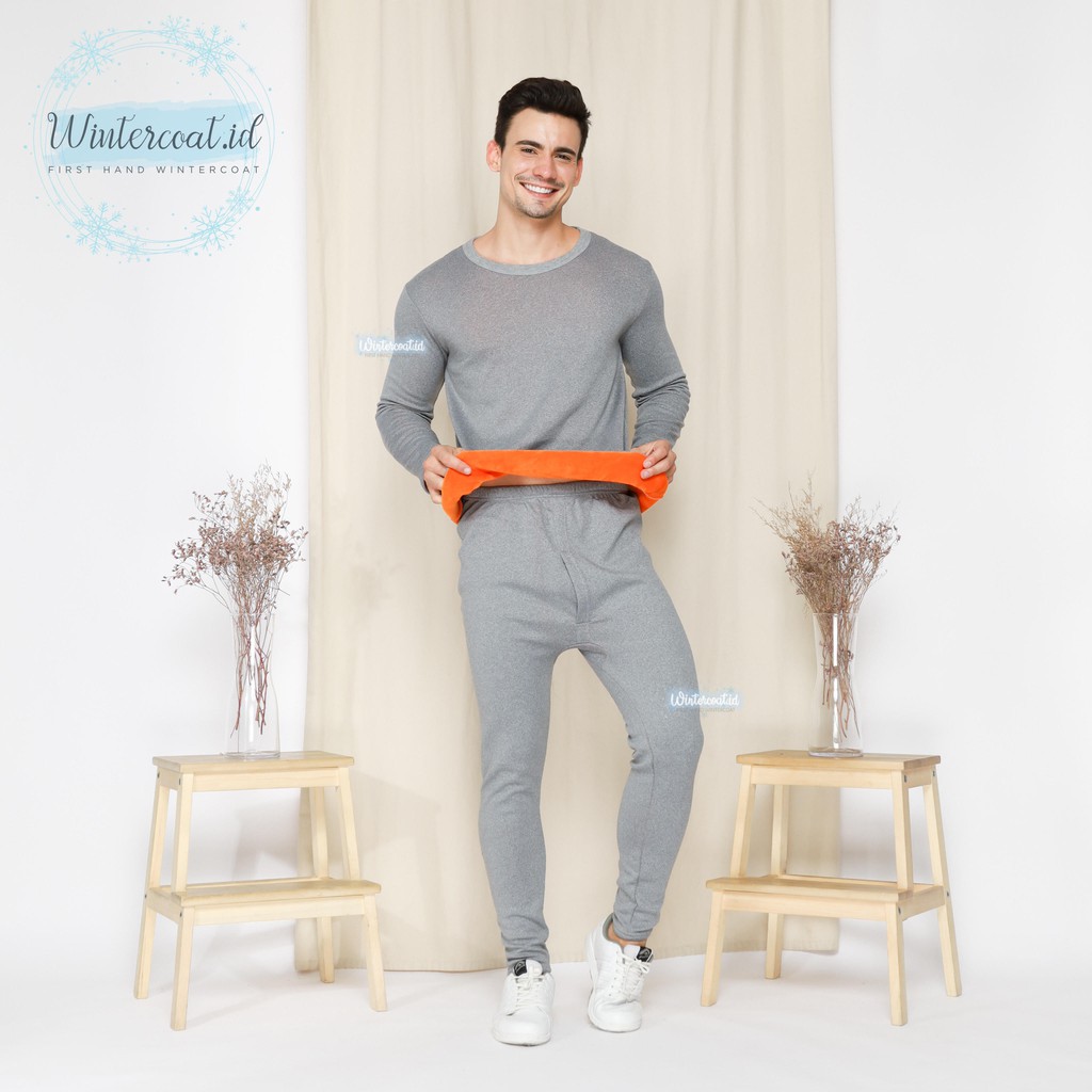 Premium 1 set Longjohn Winter Pria / Wanita thermal underwear long john musim dingin-Light Gray (Pria)