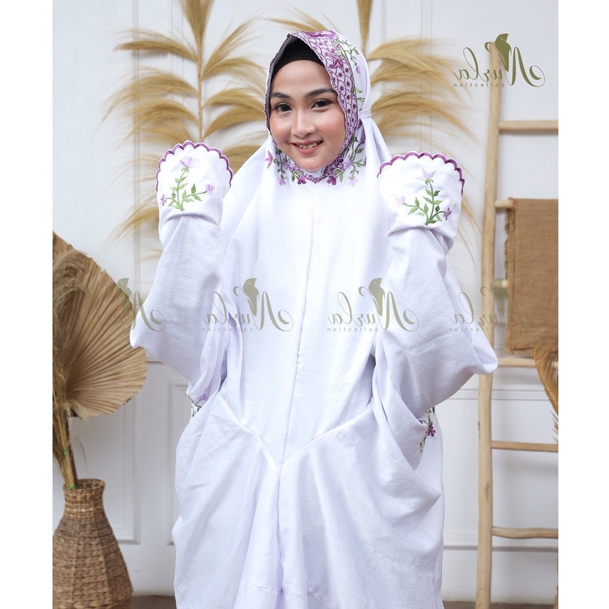 Mukena Terusan Dewasa Bordir Jumbo Rayon Putih Sutra Bali Parasut Mukena Lajuran Bordir Dewasa Rayon
