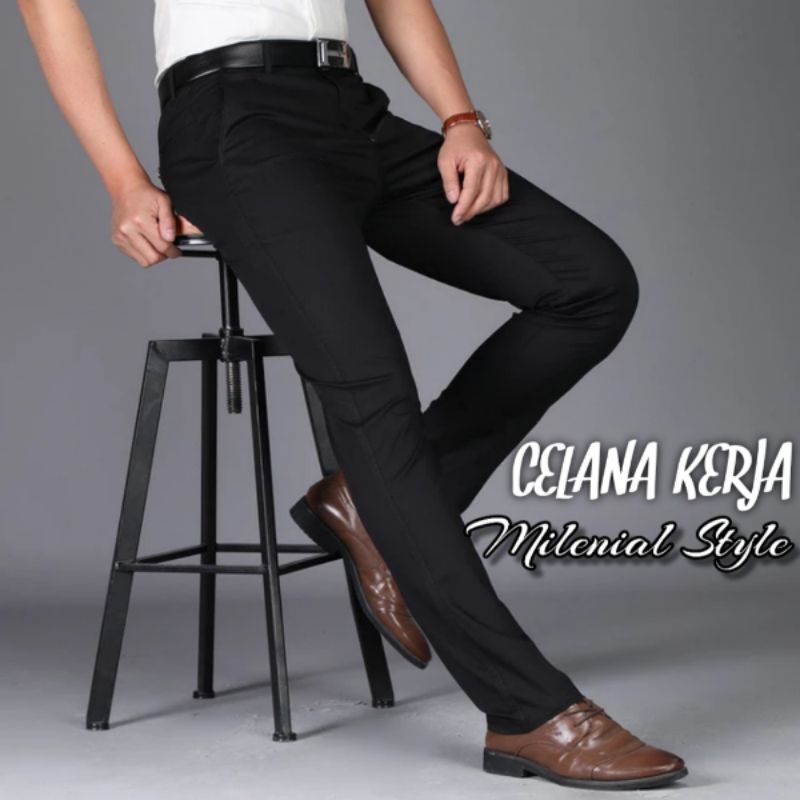 CELANA BAHAN | KERJA | FORMAL | KANTOR | PANJANG | HITAM | DASAR PRIA SLIMFIT.