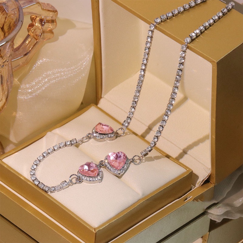 Kalung Rantai Dengan Liontin Hati Warna Pink Aksen Batu Zircon Untuk Wanita