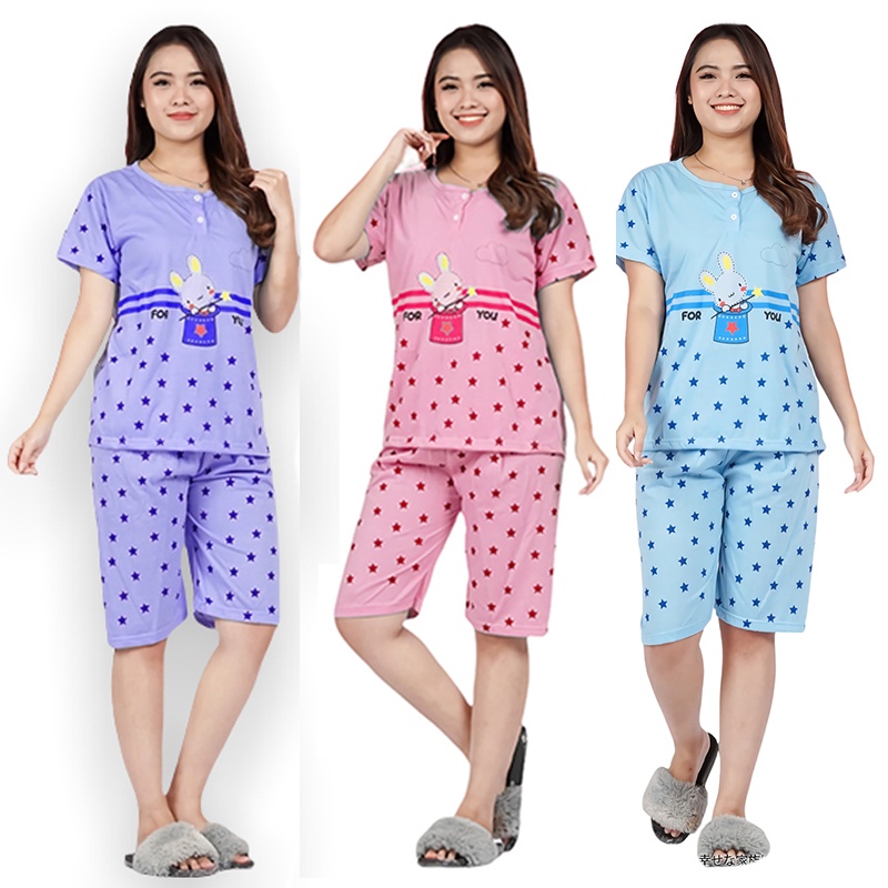 Lilipop.id  Baju Tidur Wanita 3/4 ALL SIZE STANDAR Magic Rabbit Setelan Piyama BabyDoll Kaos Celana Pendek