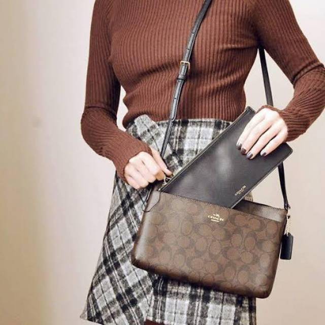 COACH East West Crossbody With Pop-Up Pouch in Signature tas bag Ori asli slingbag brown black