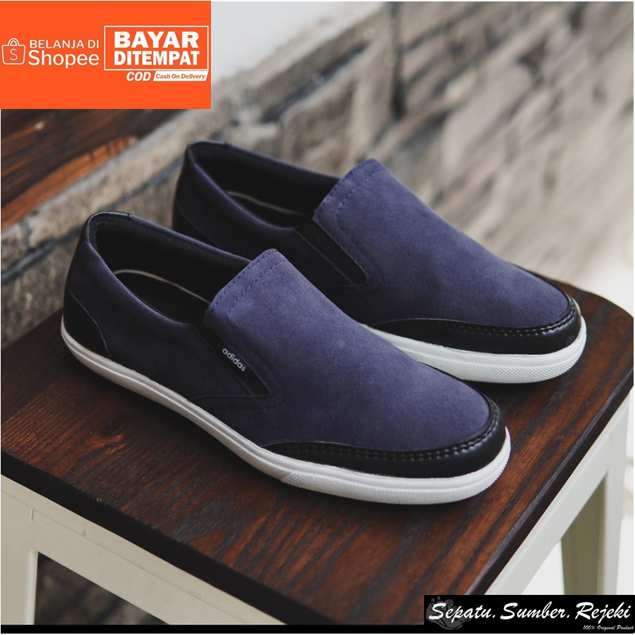 TERMURAH !! Sepatu Pria Adidas Advantage Navy Slop Formal Tanpa Tali Bahan Suede Kasual Santai Kerja