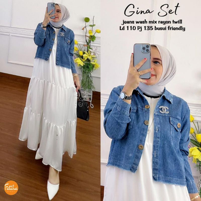 DRESS MUSLIM, baju wanita, baju gamis, dress, gamis, Baju gamis, fashion wanita, Gina Set (dress dan outer jeans)