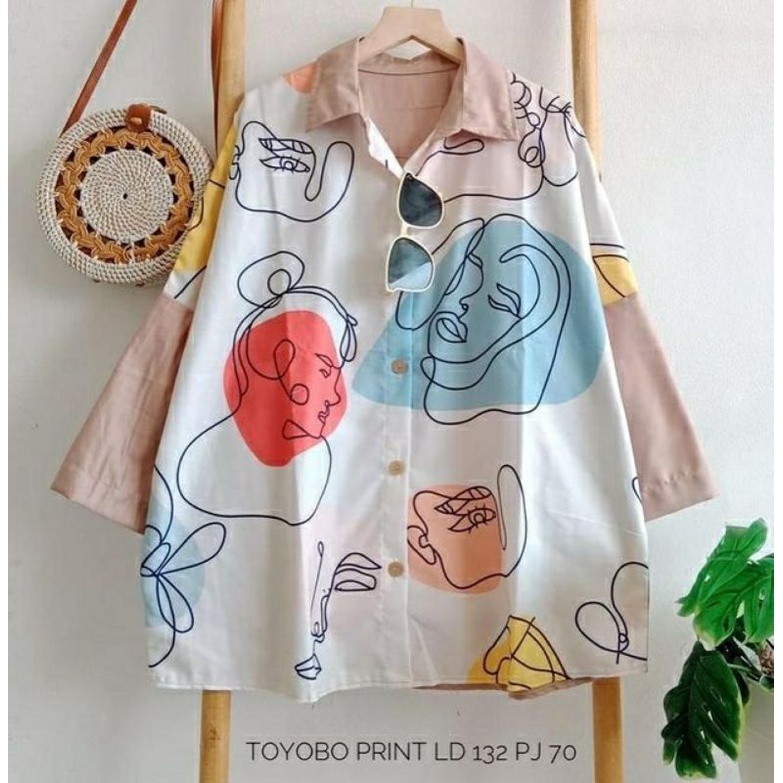 Kemeja Pretty Girls, KEMEJA JUMBO WANITA CANTIK FIT XXXL LD 132 BAHAN TOYOBO PRINTING PREMIUM TERMURAH MODIS OOTD