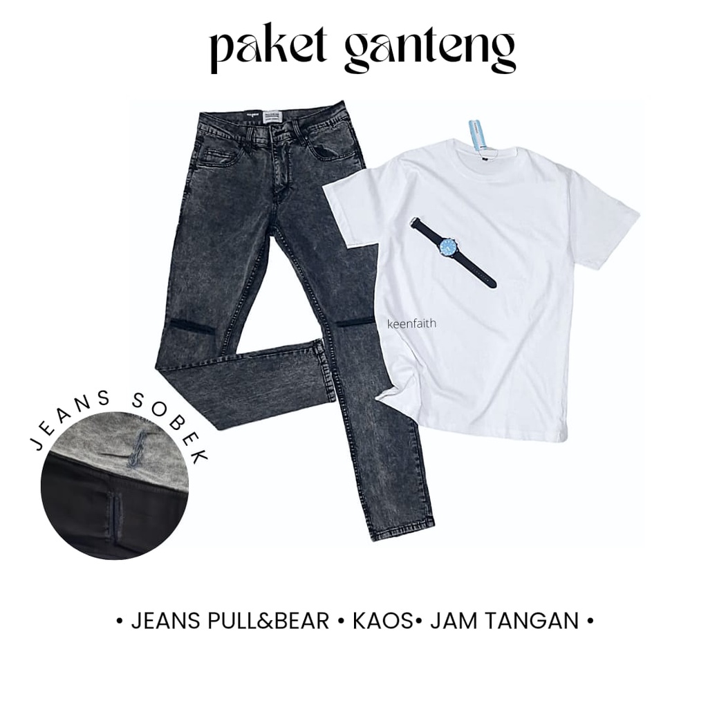 SEPAKET PULL N BEAR SOBEK SEPAKET CELANA PANJANG KAOS DAN JAM TANGAN