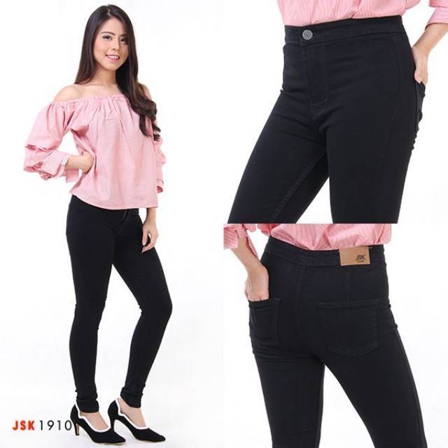 Highwaist Panjang Celana Wanita Jeans Import Denim JSK Jeans Softjeans Putih pinggang