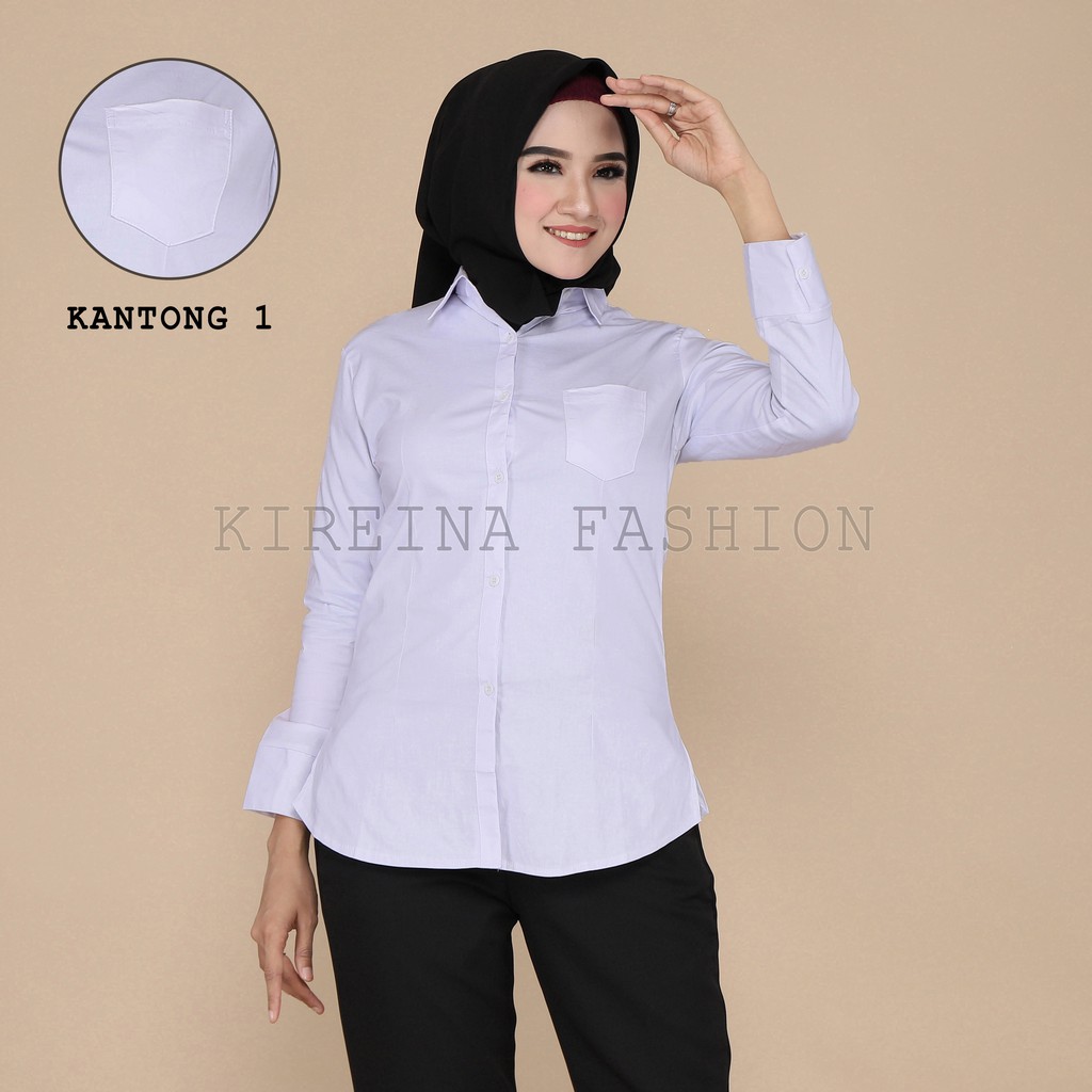 Kemeja Putih Kerja Wanita Kantong Satu Pola Kecil Bahan Stretch | Kireina Fashion