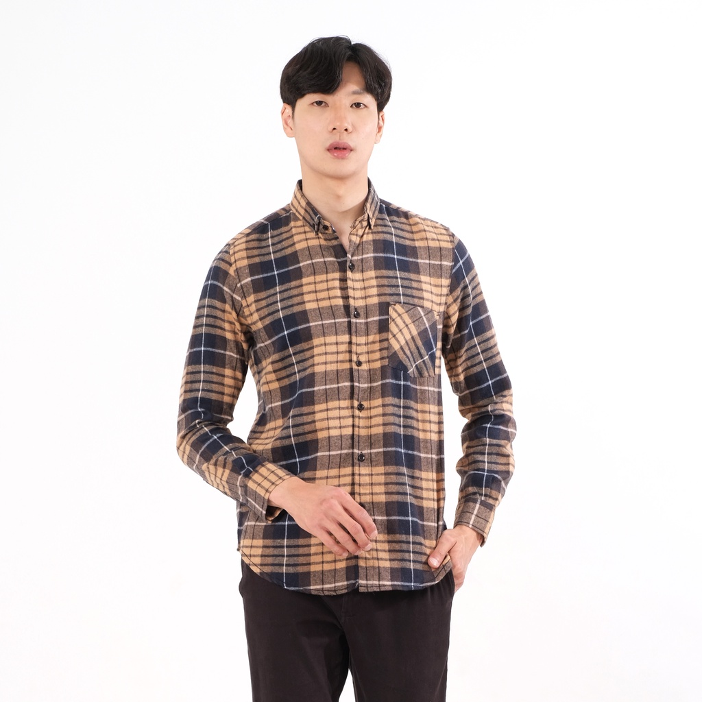 SANVANINA Kemeja Flanel Lengan Panjang Slim Fit Motif Kotak Kotak | Flannel Salford Cream - E-8009