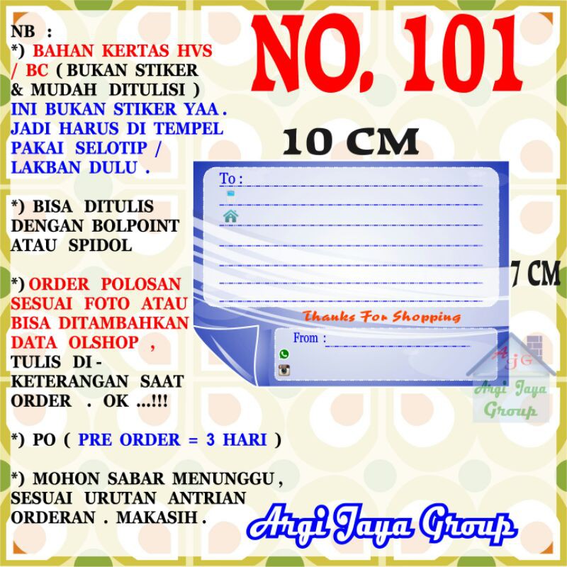 Label Pengiriman Alamat Olshop Murah Nomer 101 - 10x7cm - Kertas BC (Manila)