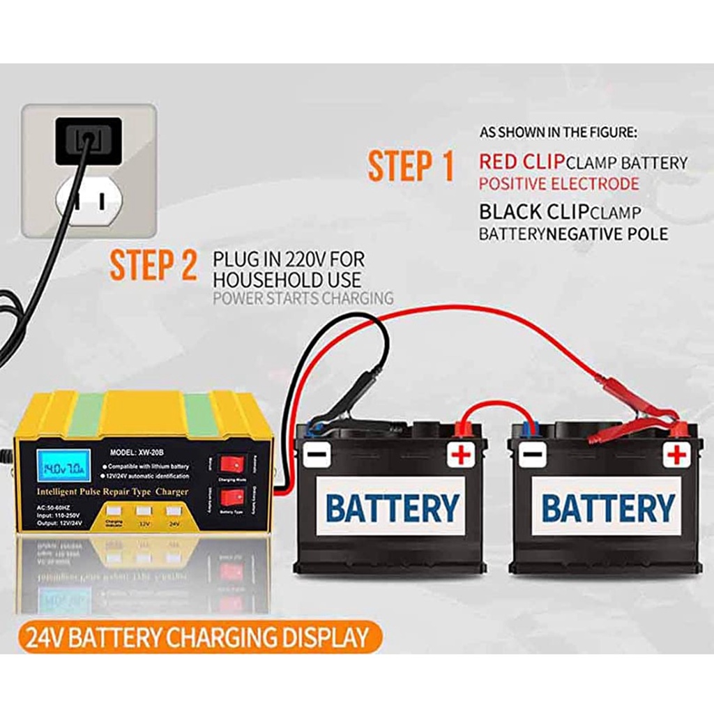 12V/24V Charger Aki 180W 10A/7A LCD VRtec Smart Battery Charger Mobil Motor