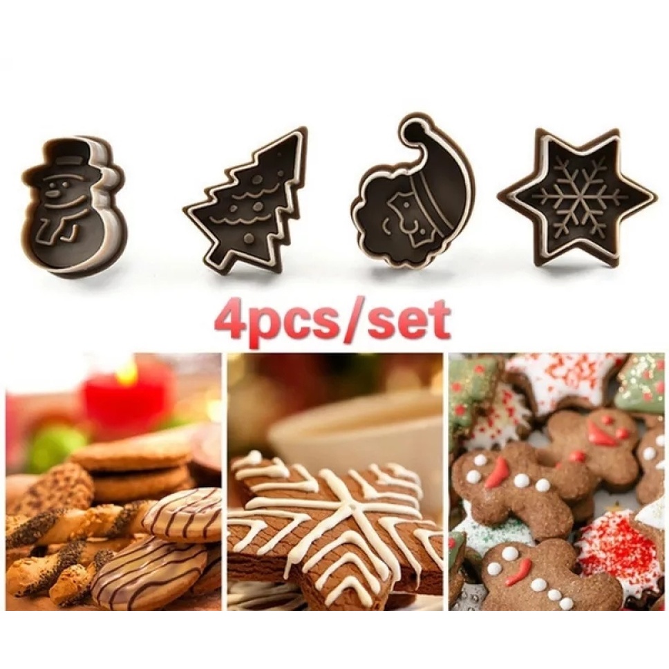 4pcs / Set Cetakan Kue / Biskuit Bentuk Pohon Natal / Santa Claus / Snowman 3d Bahan Plastik Handmade