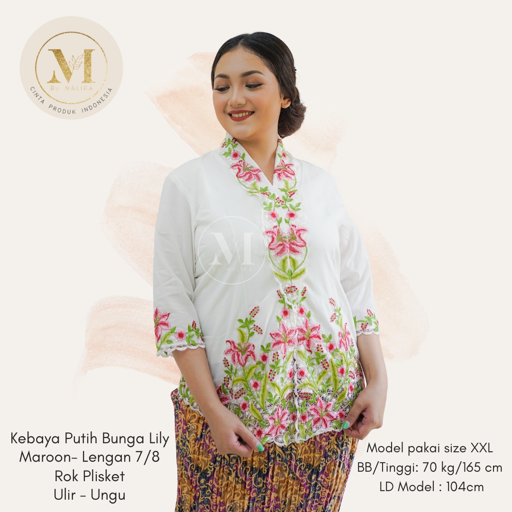 Baju Kebaya Encim Putih Bunga Lily Lengan 7/8 MALIKA Atasan Kebaya Ncim Modern-1