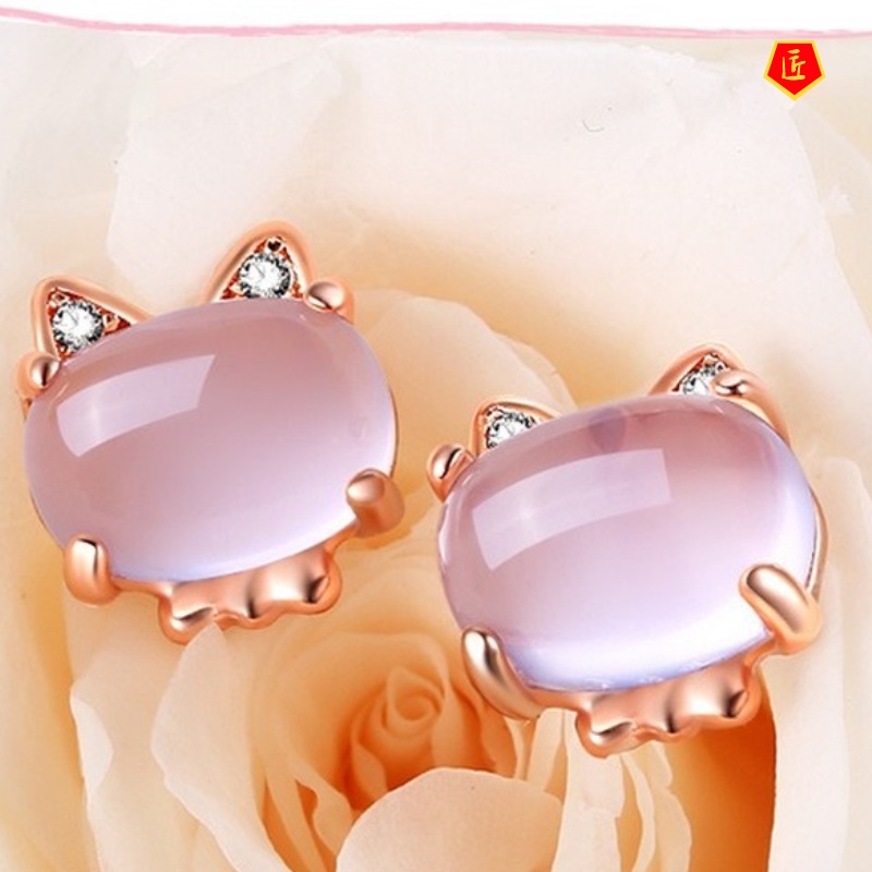 [Ready Stock]Women's Rose Gold Pink Crystal Kitten Ear Studs