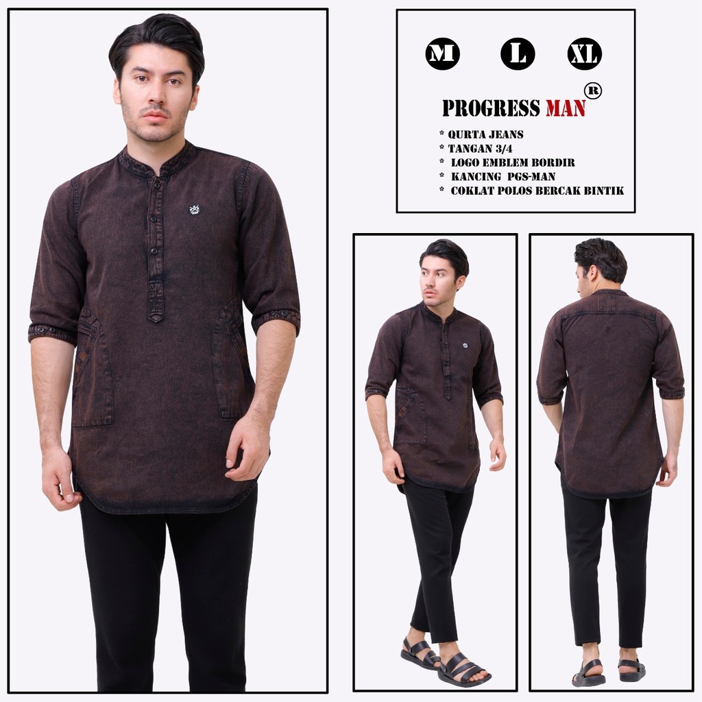 PROGRESS MAN baju koko jeans pria lengan tiga perempat koko kurta pangsi kemeja koko denim pria lengan tiga perempat kurta pangsi jeans baju kurta denim dewasa logo bordir Biobleach washing P4N9S406