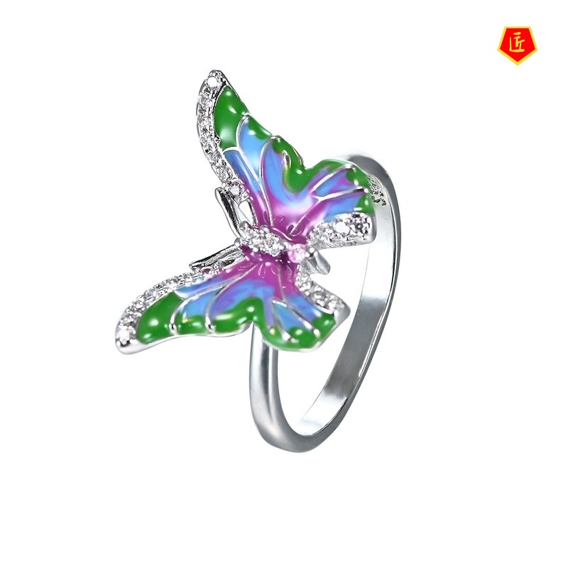 [Ready Stock]Rainbow Color Butterfly Ring Enamel Earrings Pendant Set