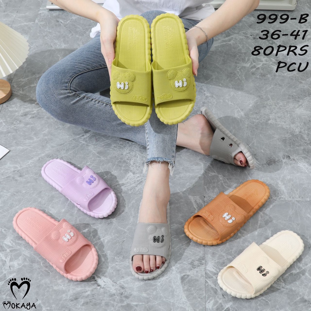 Sandal Slop Rumah Jelly Wanita Ban Motif Bear Timbul Sama Warna Hi Putih Super Cute  Cantik Gemesin Import Mokaya / Size 36-41 (999-AB/999)