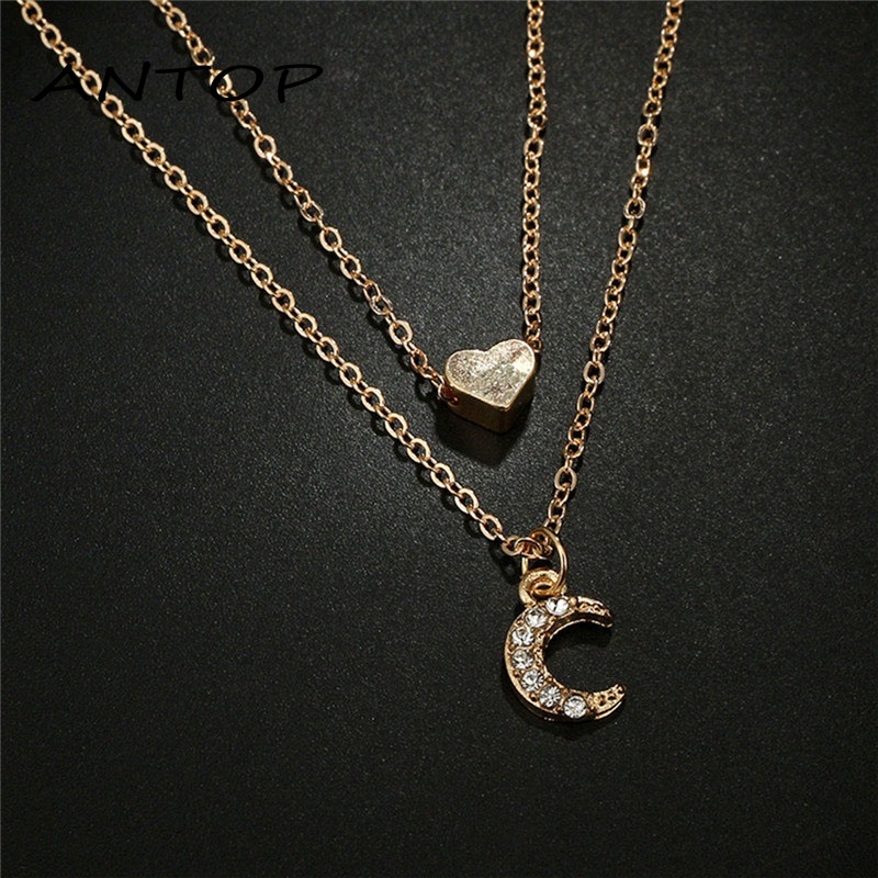 Retro Double-Layer Kalung Cinta Bulan Liontin Peach Hati Rantai Klavikula Aksesoris Fashion ANTOP