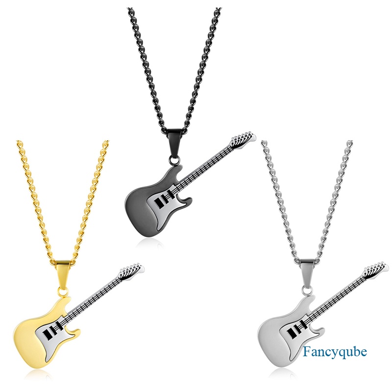 Kalung Rantai Liontin Gitar Musik Rock Warna Emas Hitam Silver Bahan Titanium Steel Untuk Pria Dan Wanita