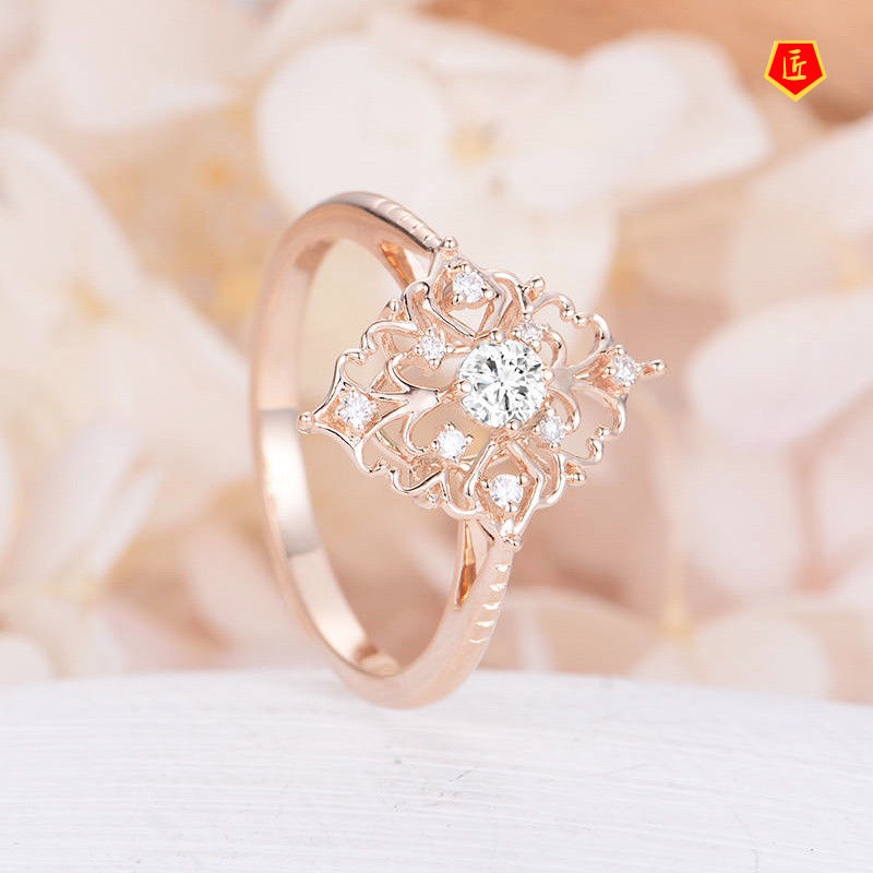 [Ready Stock]8K Gold Diamond Studded Hollow Flower Ring 925 Silver