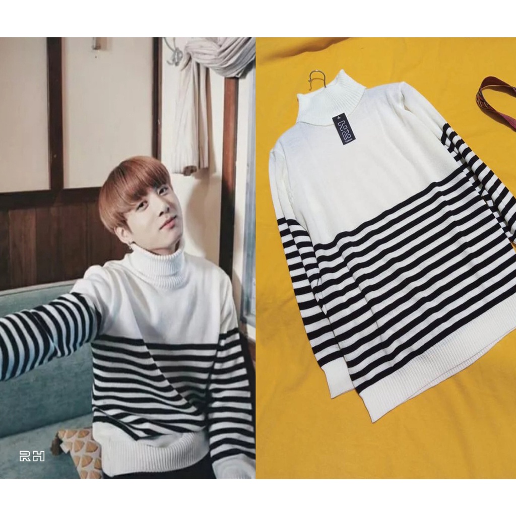 sweater rajut pria dewasa lengan panjang kerah tinggi turtle neck garis garis switer belang