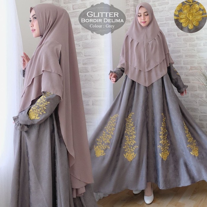 SUPPLIER GAMIS SET KHIMAR Syar'i Glitter Embos Delima FIT XXXL