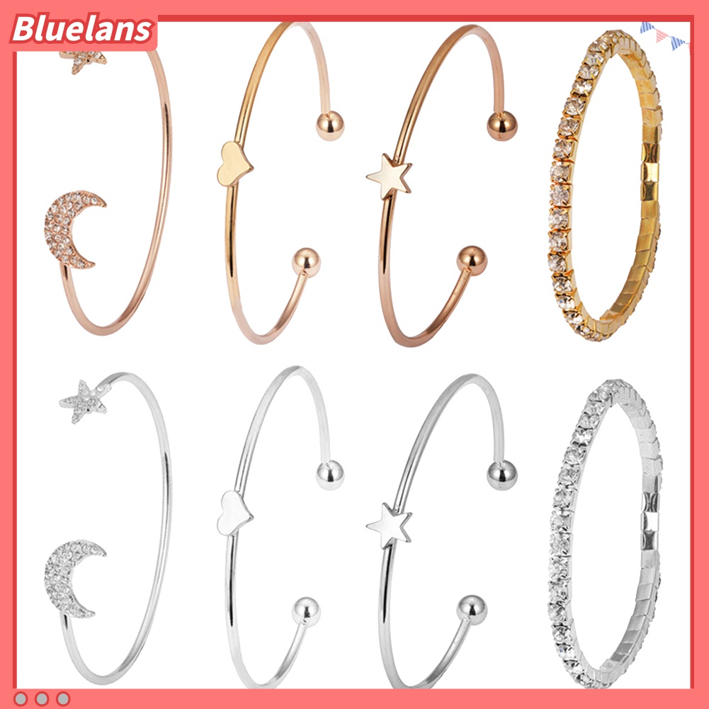 4pcs / Set Gelang Bangle Desain Bulan Bintang Hati Aksen Berlian Imitasi Untuk Wanita