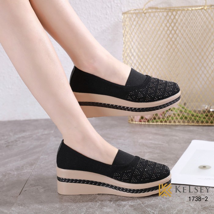 SEPATU WEDGES WANITA KELSEY KANVAS BORDIR IMPORT MODEL TERBARU 1738-2 - Black, 39