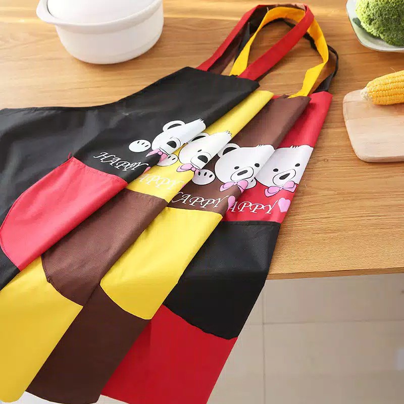 SM-Apron Waterproof Bear Happy Day / Celemek Masak dapur Waterproof Tahan Anti Air