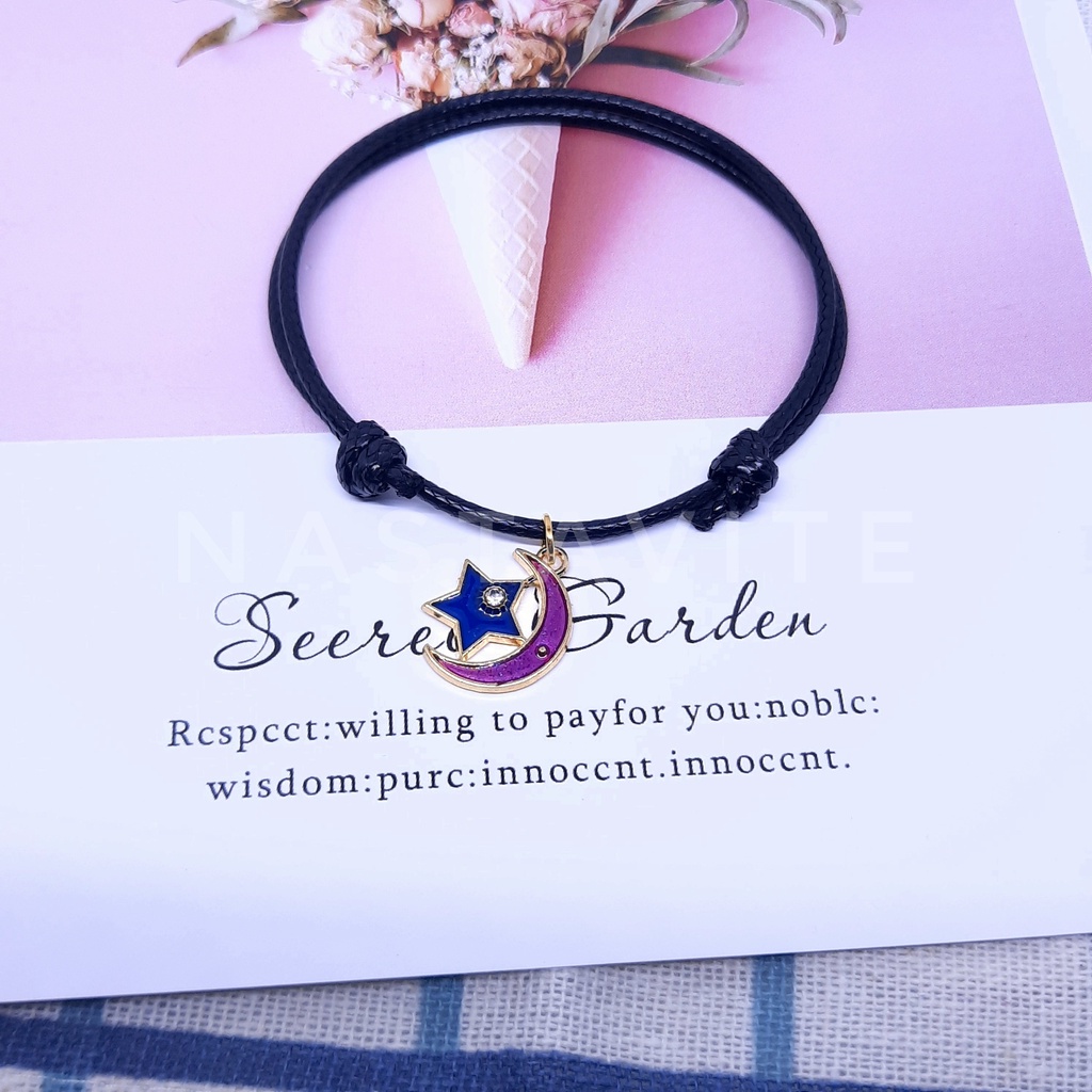 Gelang Couple Sahabat 2 Orang Bulan Bintang Simple Tali Korea Hitam Polos Murah