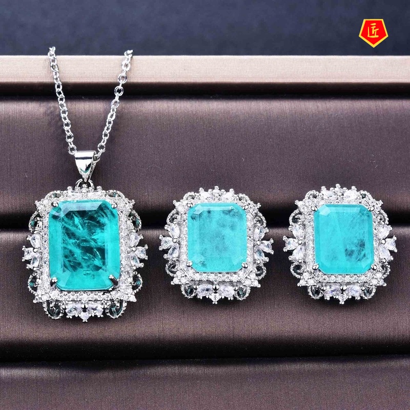 [Ready Stock]Natural Paraiba Necklace Colored Gems Earings Set