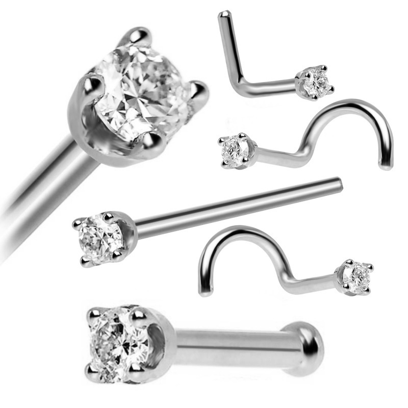 1 Set Pack  Zircon Gem Bone Nose Stud Piercing Earring / Round Diamond CZ Nose Rings