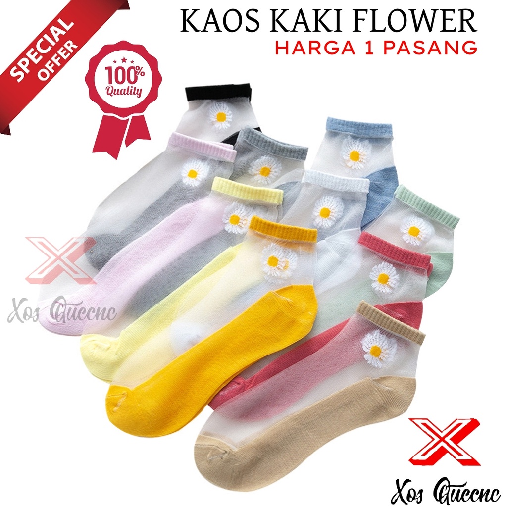 [XOQ] KAOS KAKI TRANSPARAN IMPORT MOTIF BUNGA DAISY / KAOS KAKI FLOWER / WOMEN SOCK / KAOS KAKI WANITA PENDEK / KAOS KAKI SEMATA / KAOS KAKI ANGKLE