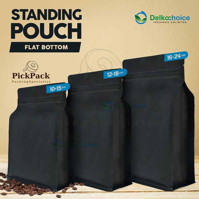 Standing Pouch Kemasan Flat Bottom Ziplock Alumunium Foil Murah HITAM