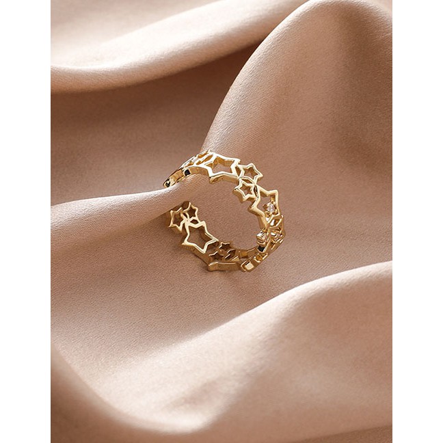 LRC Cincin Fashion Copper Micro Inlaid Zircon Star Hollow Open Ring  K96964