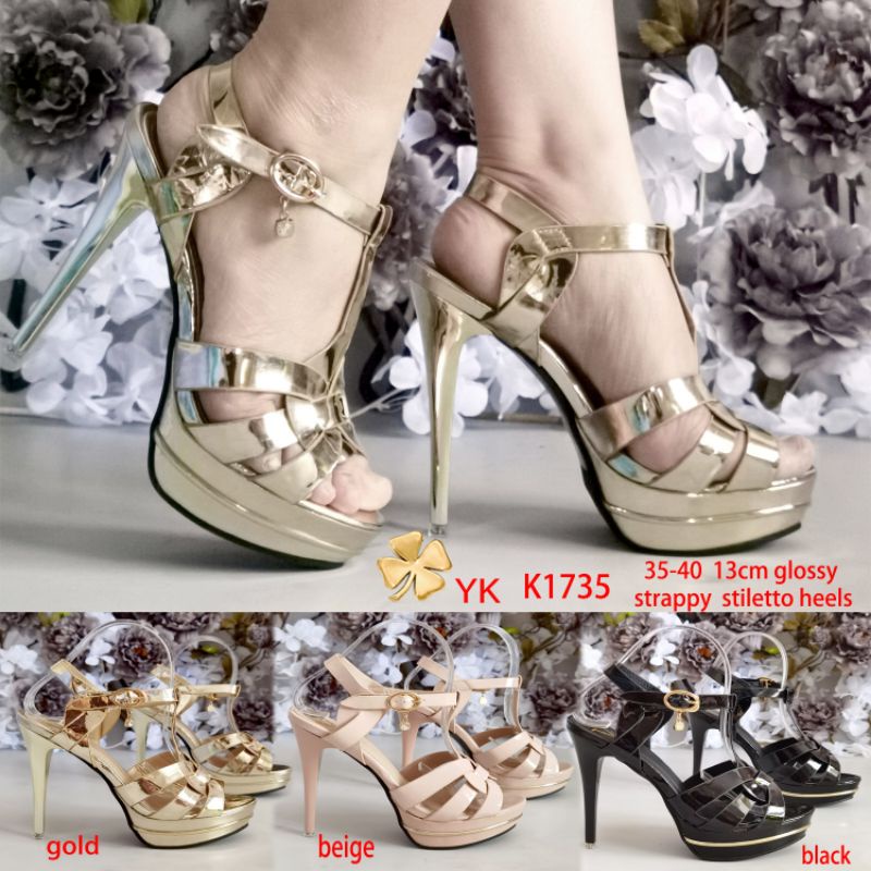 YKshoes 1735 heels 13cm stiletto strappy heels black gold beige heels glossy sepatu hak tali silang 