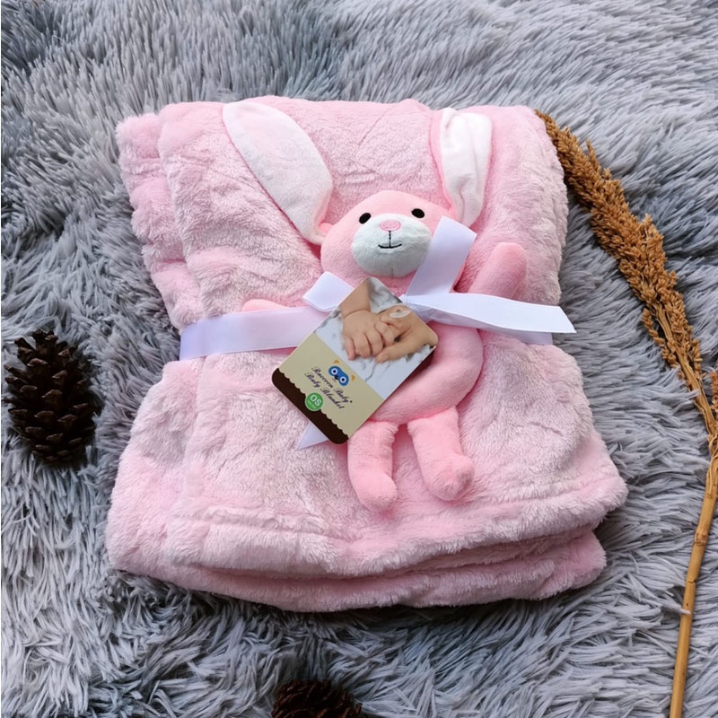 SELIMUT BULU BAYI + BONEKA GENGGAM BAYI 2IN1 KUALITAS PREMIUM