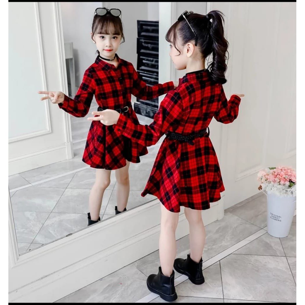 DRESS KIDS SQUARE RED / DRESS ANAK / DRESS KEMEJA / DRESSN KIDS BKK/KLM/5-10TH